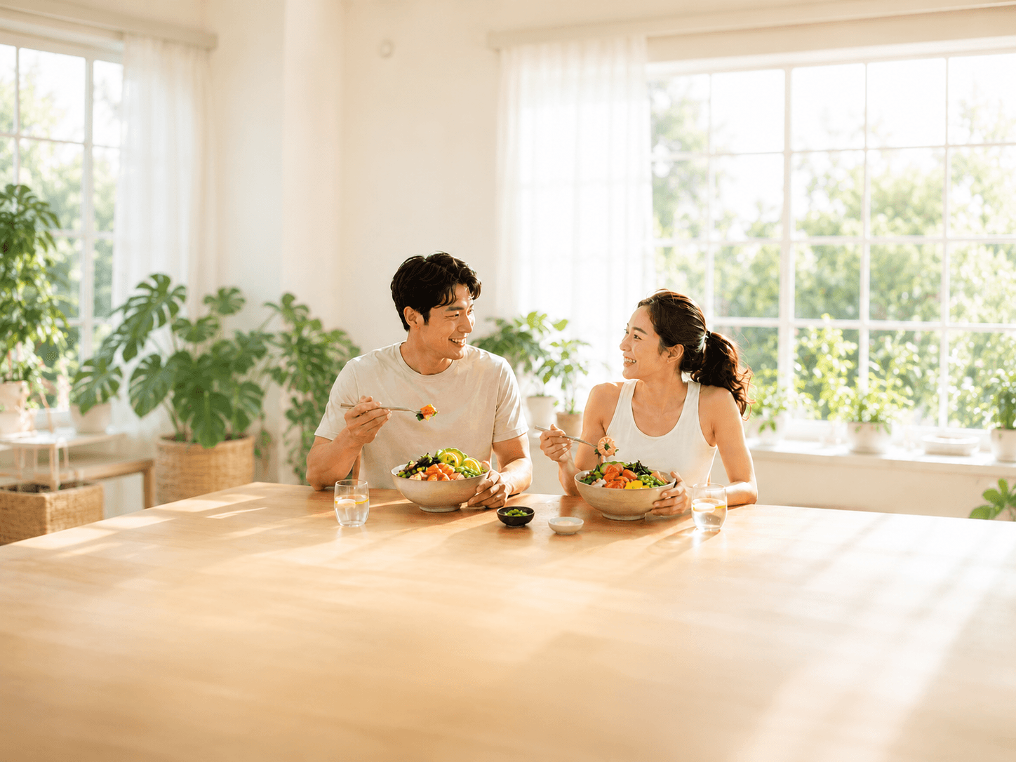 밝은 식탁에서 포케 한 그릇씩을 앞에 두고 마주 보며 식사하는 남녀